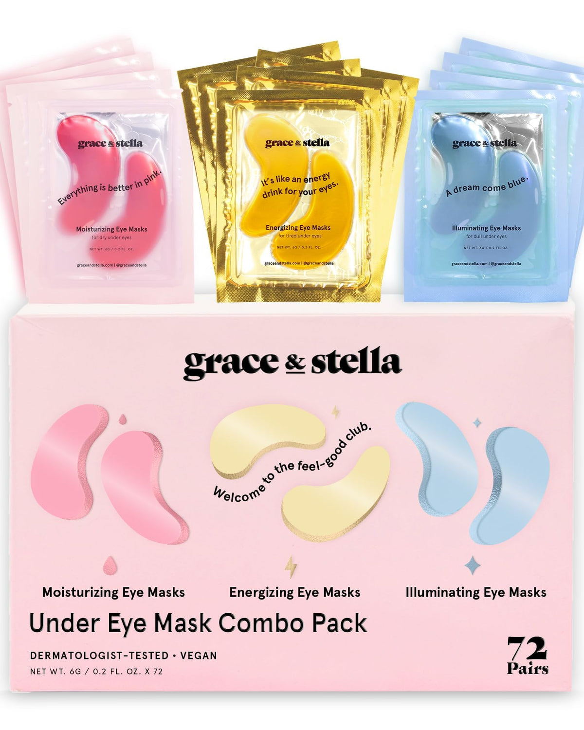 grace & stella front packaging showing 72 pairs and color assortment for convenient gifting