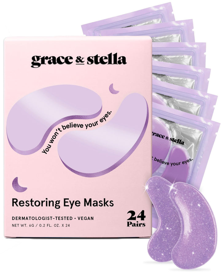 grace & stella front packaging showing 24 purple under eye patches and branding benefits