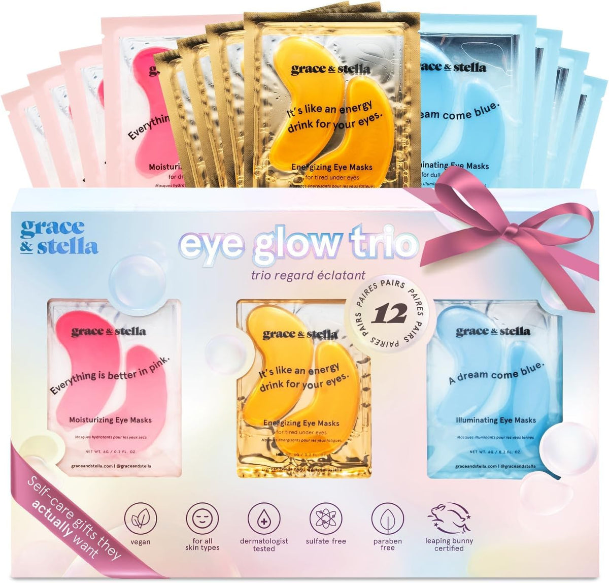 grace & stella front packaging showing colorful under-eye patch set and gift-ready appeal