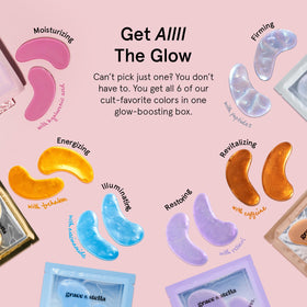 grace & stella individual sachets laid out to show six color-coded formulas