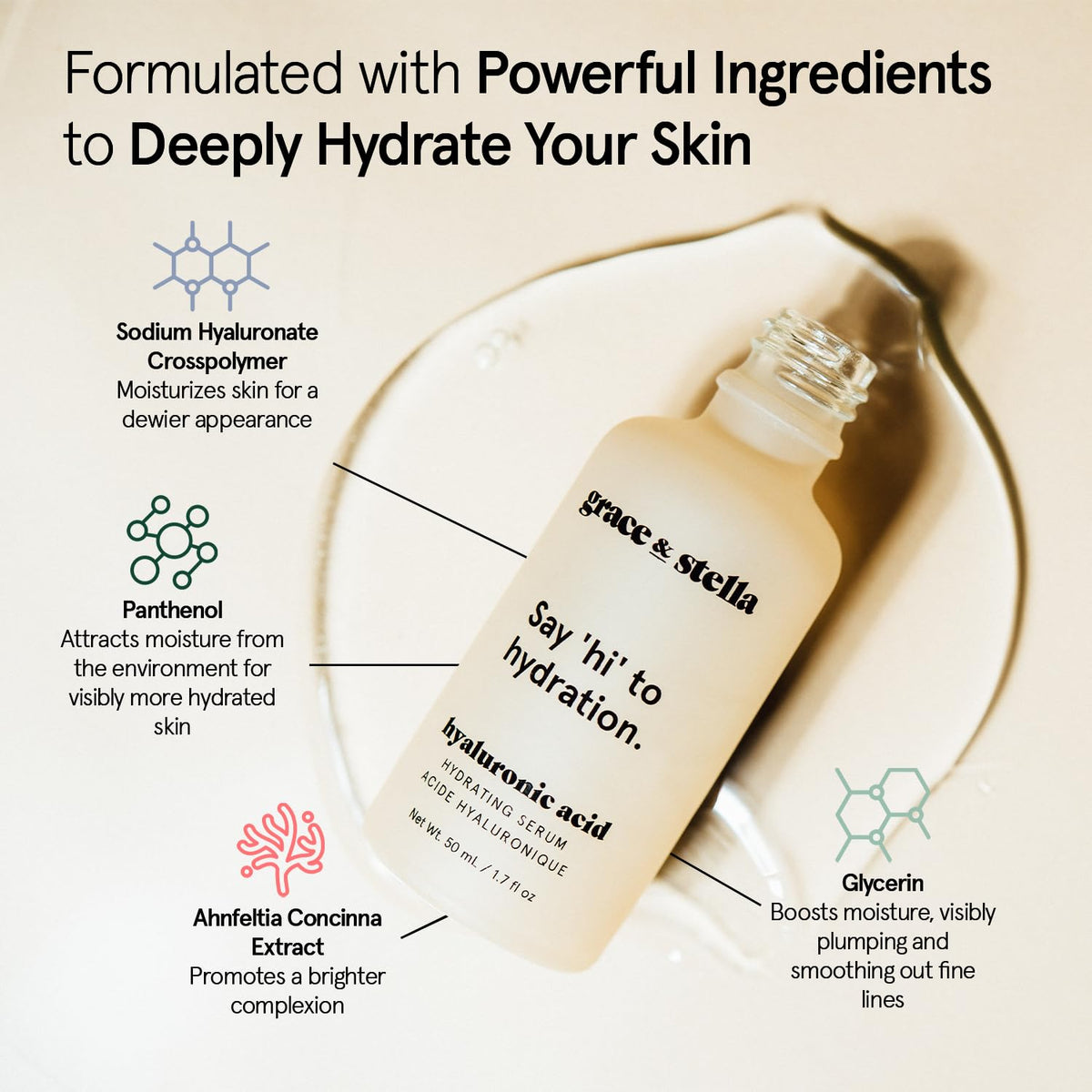 grace & stella ingredients label close view showcasing vegan, clean formulation