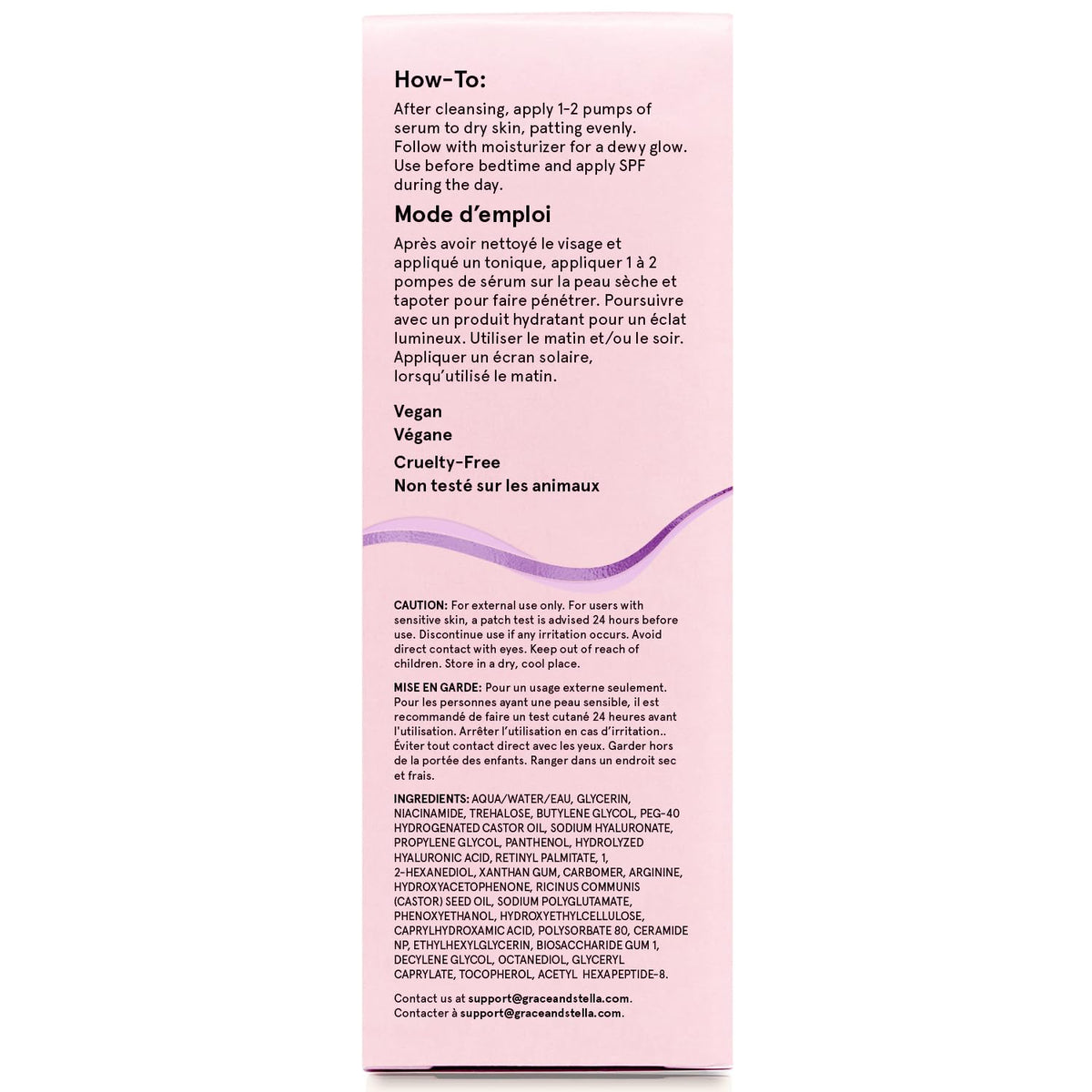 grace & stella label closeup displaying formulation claims and clean, vegan ingredients