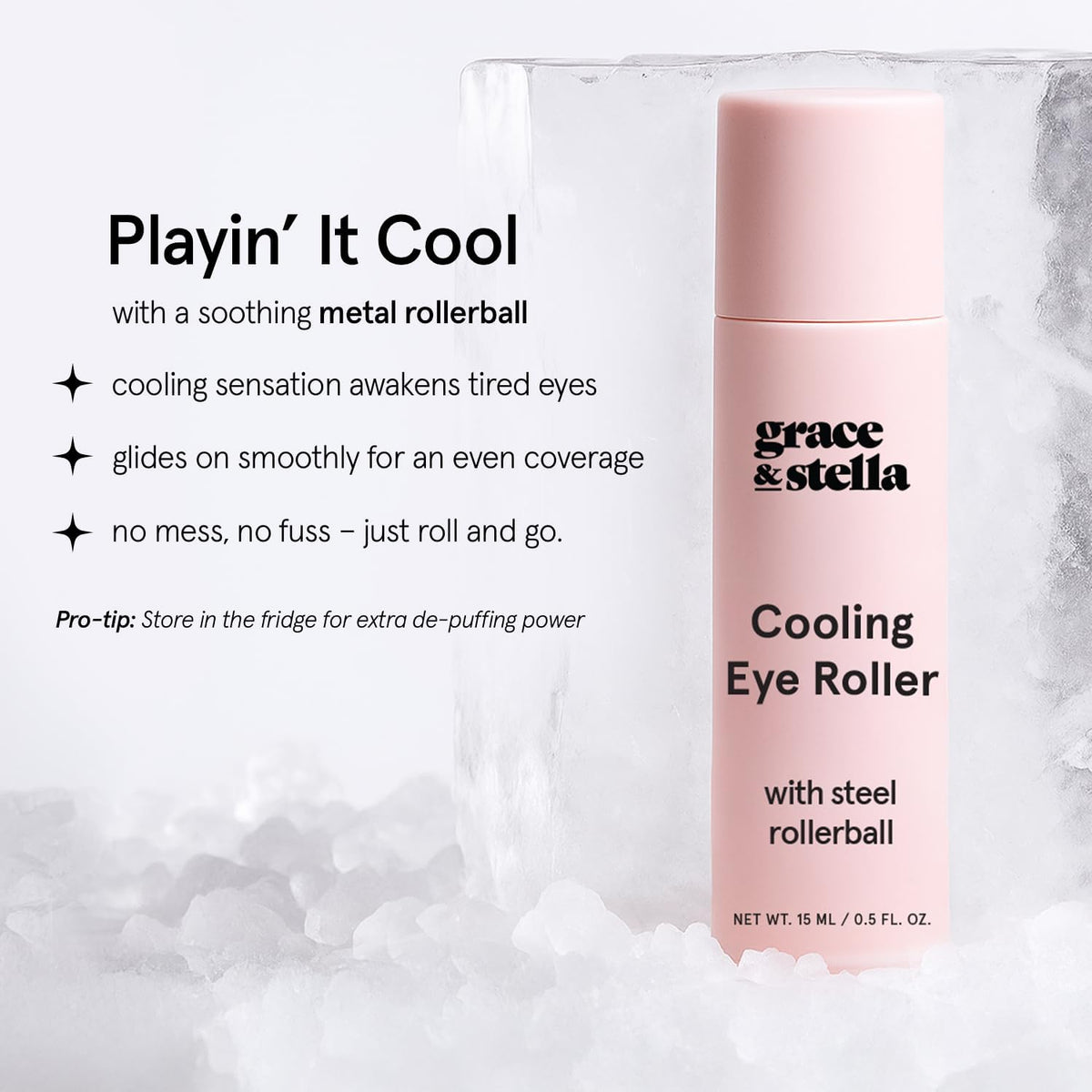 grace & stella close-up of metal rollerball delivering cooling, precise application