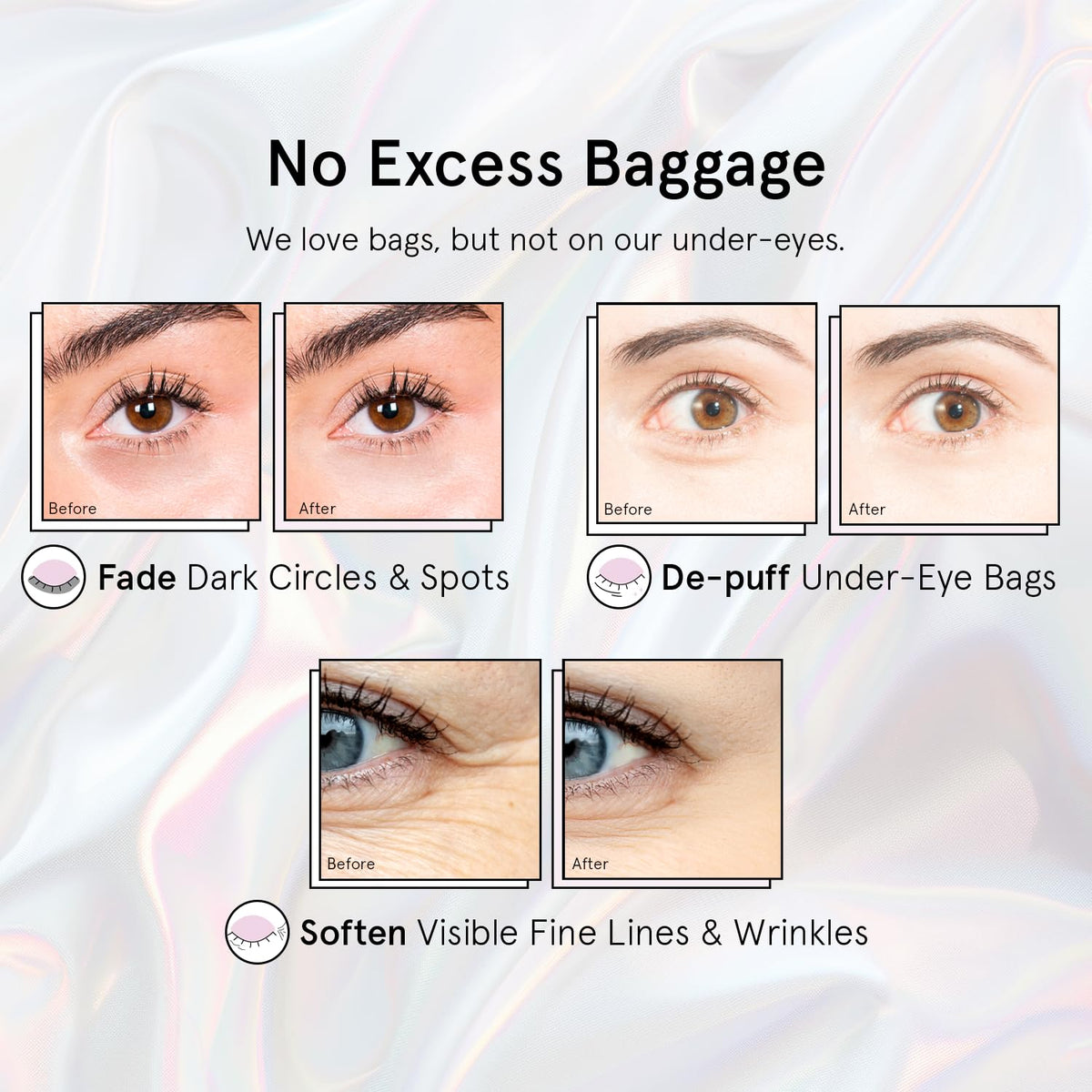 grace & stella patches applied under eyes on model, visibly brightening and de-puffing effect