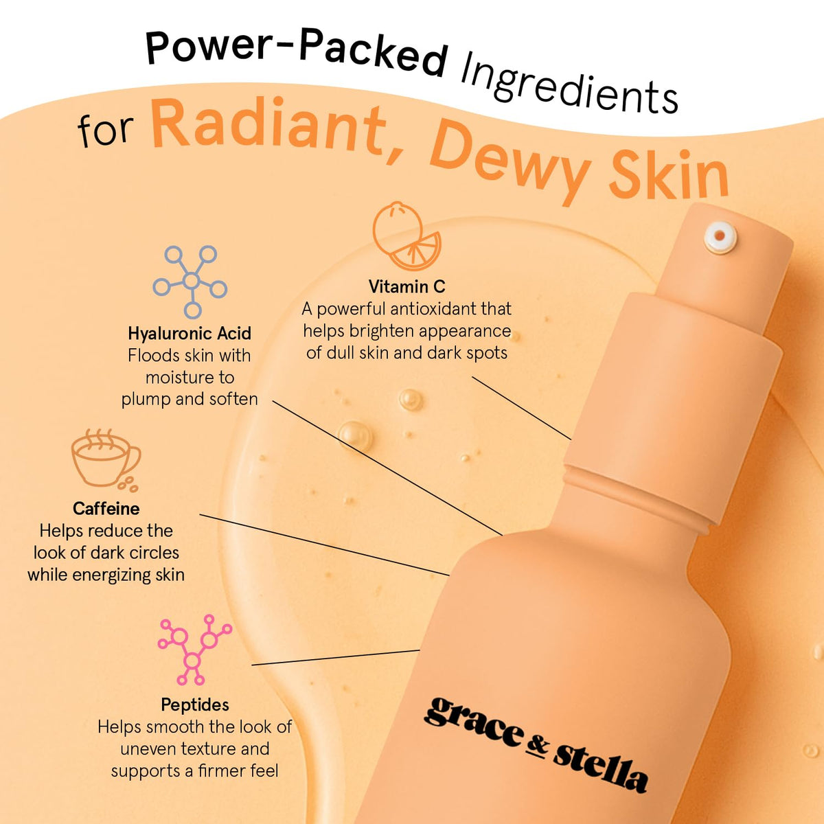 grace & stella ingredient label highlighting vitamin C, hyaluronic acid, peptides