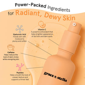 grace & stella ingredient label highlighting vitamin C, hyaluronic acid, peptides