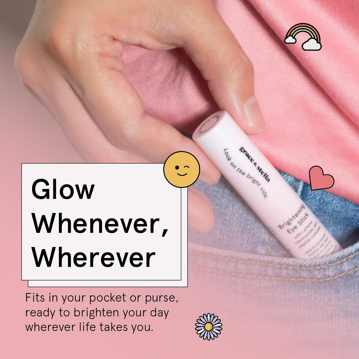 grace & stella hand holding balm stick highlighting travel-size portability and easy reapplication