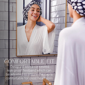 GRACE & COMPANY cap worn in shower demonstrating water protection benefit