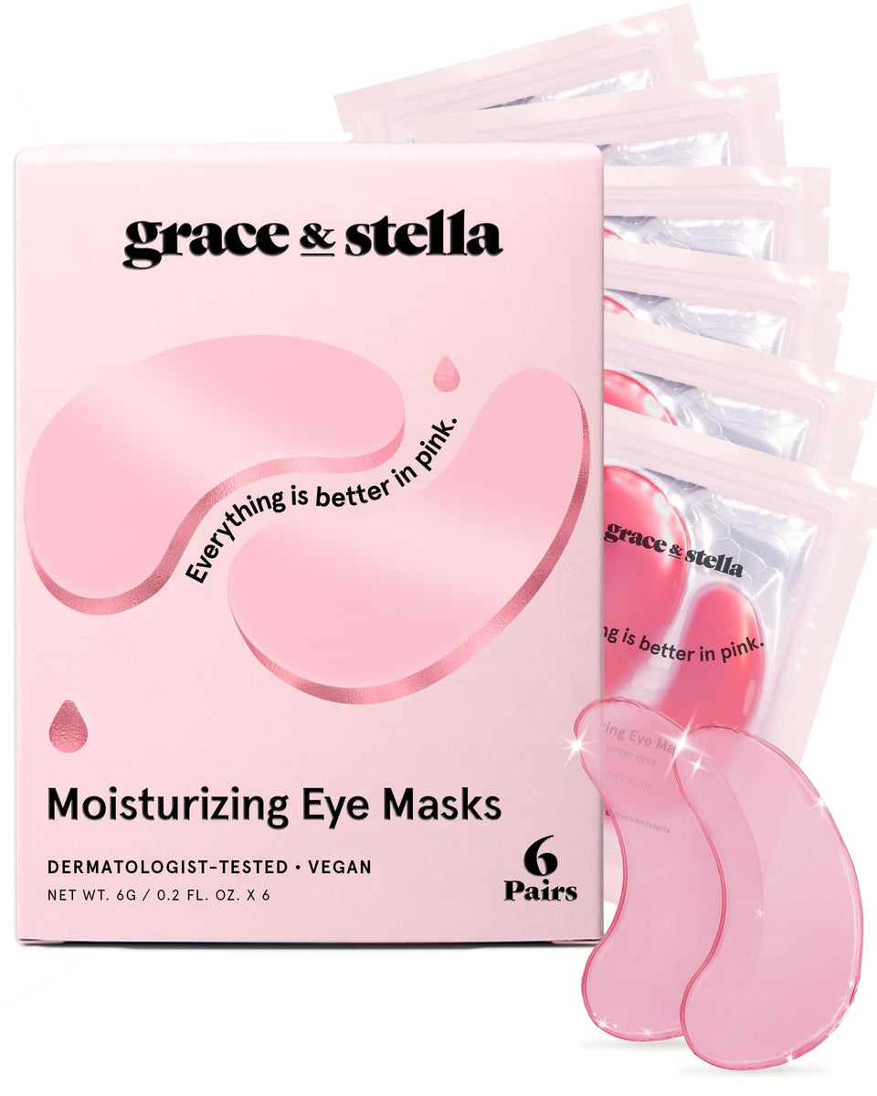 grace & stella front packaging showing pink eye mask sachets and branding benefit