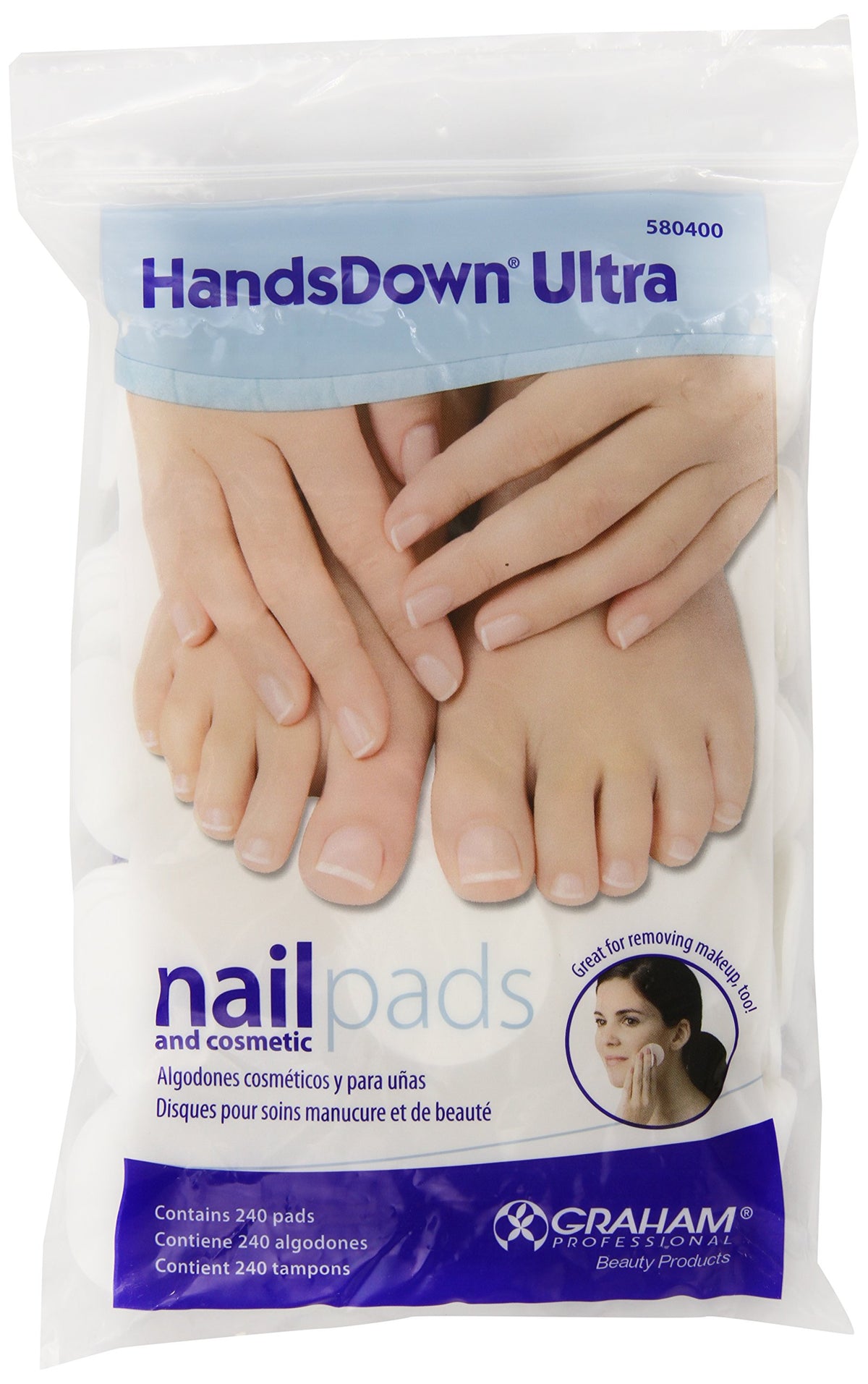 Graham Hands Down front packaging showing 240 white lint-free pads — efficient polish removal