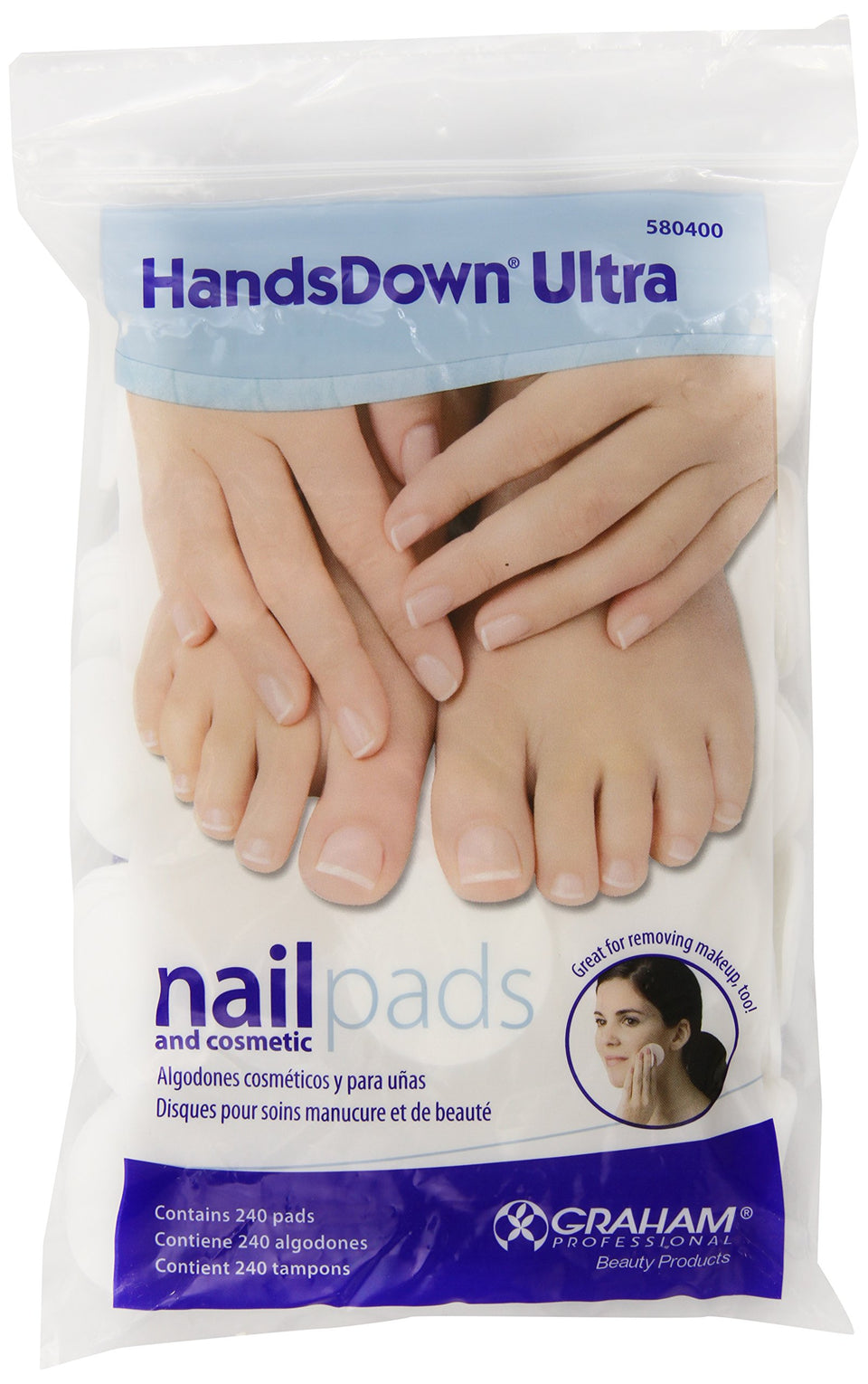 Graham Hands Down front packaging showing 240 white lint-free pads — efficient polish removal