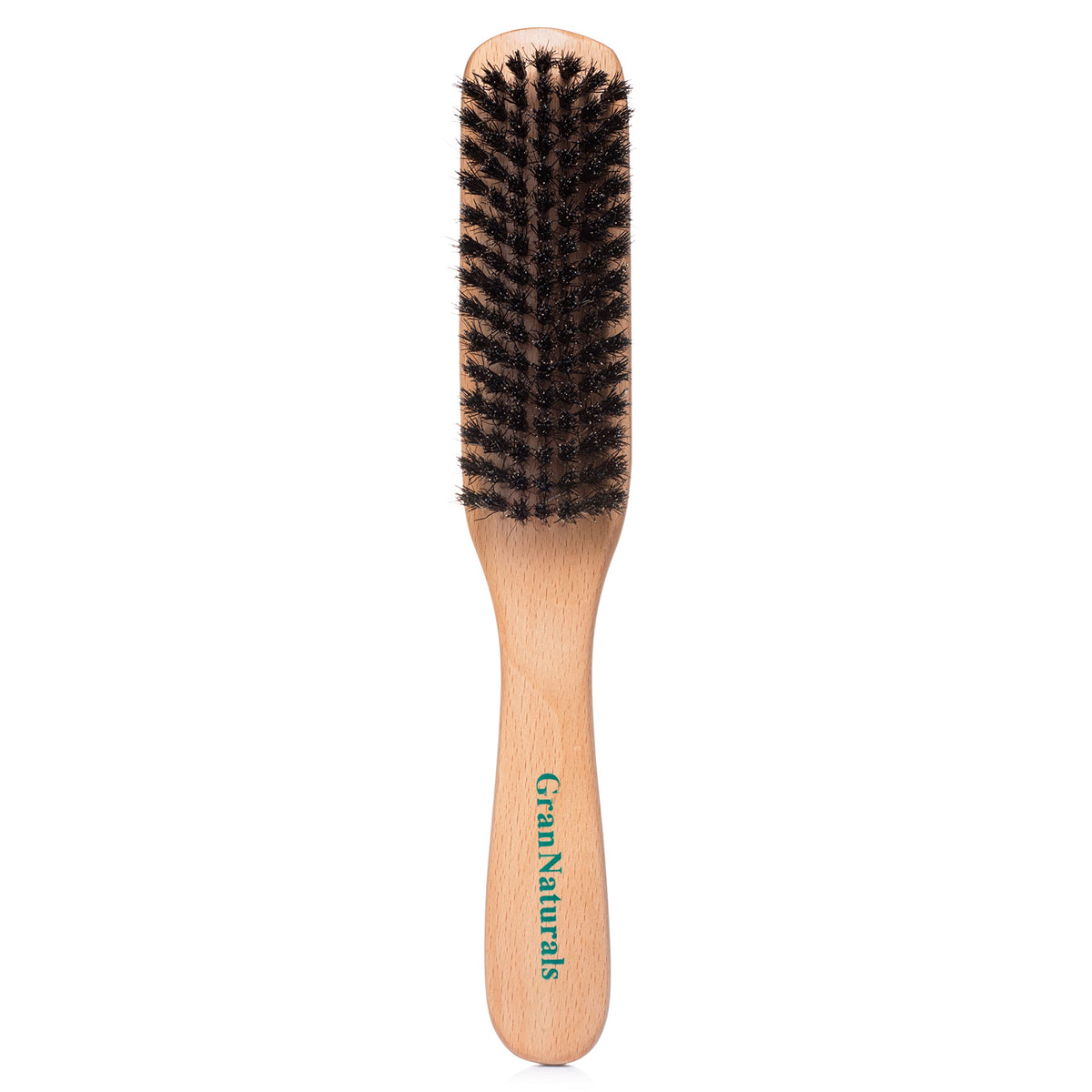 GranNaturals front packaging of slick back brush showing size and finish benefit
