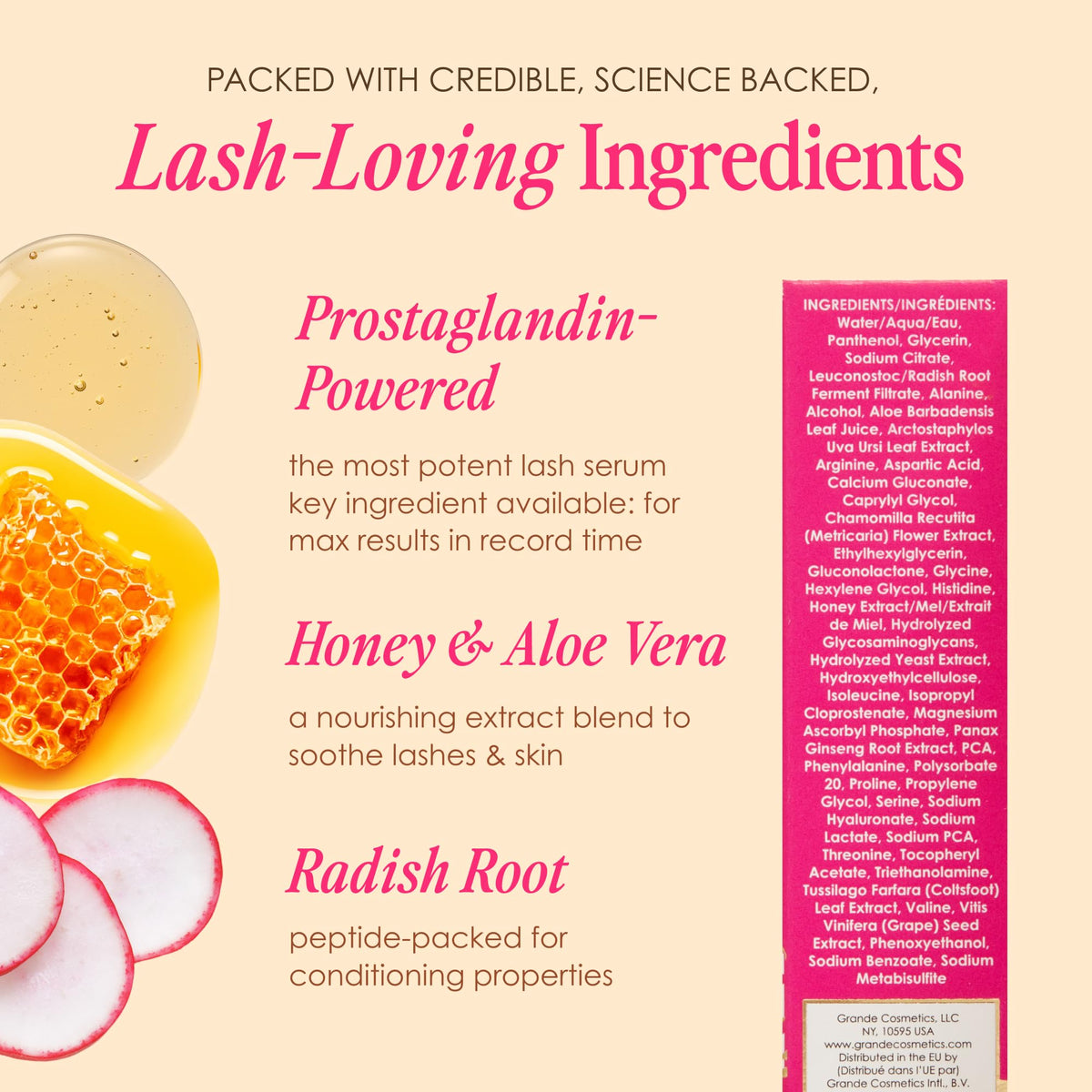 Grande Cosmetics product label detail emphasizing ingredients and ophthalmologist-tested benefit