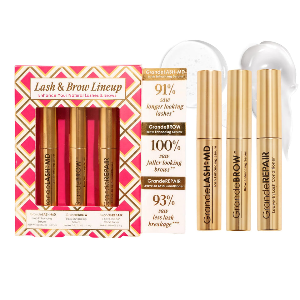 Grande Cosmetics mini trio front packaging showing three travel-size serums and benefits