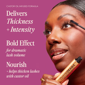 Grande Cosmetics mascara formula on brush close-up, reveals buildable texture