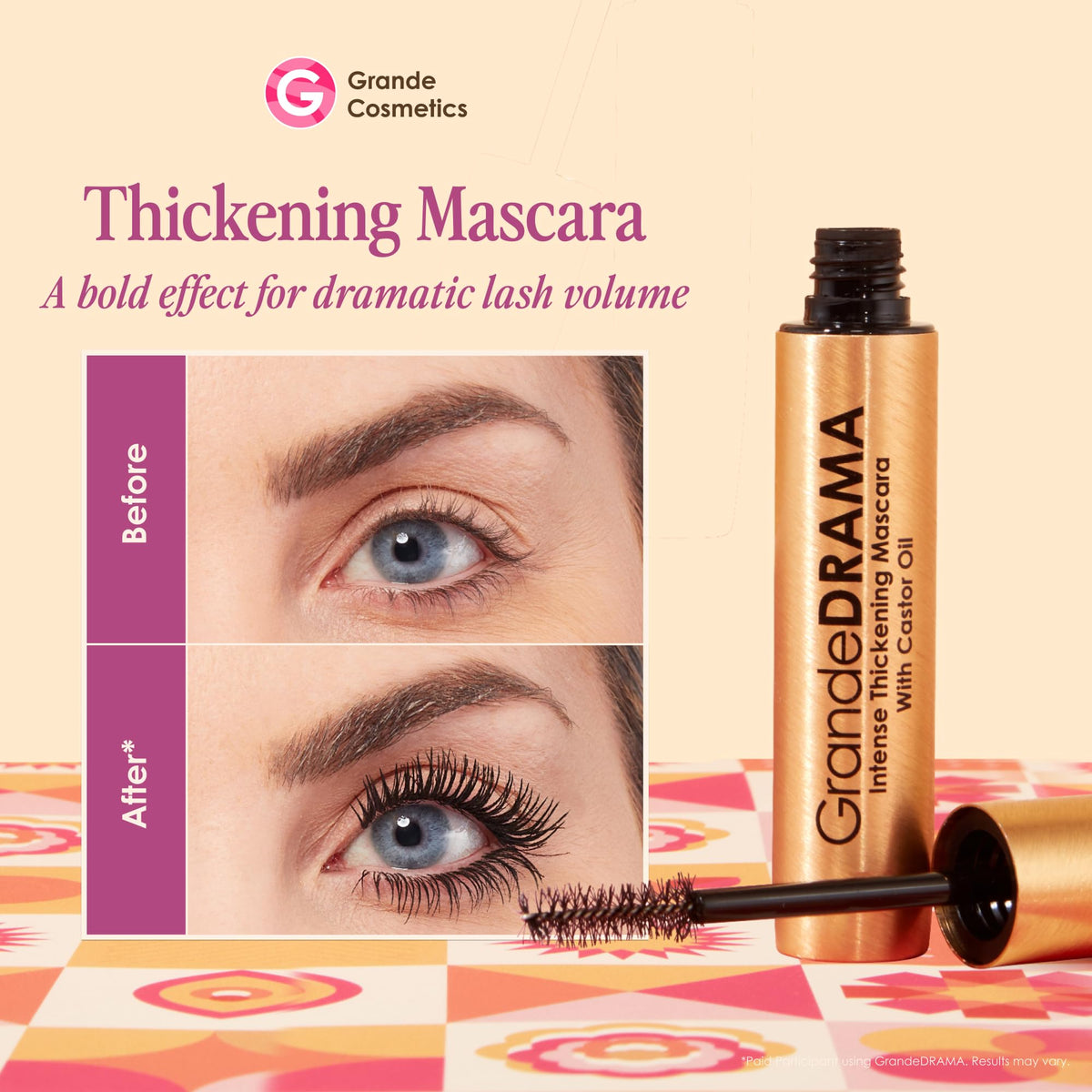 Grande Cosmetics wand close-up with hourglass brush, ensures precise separation