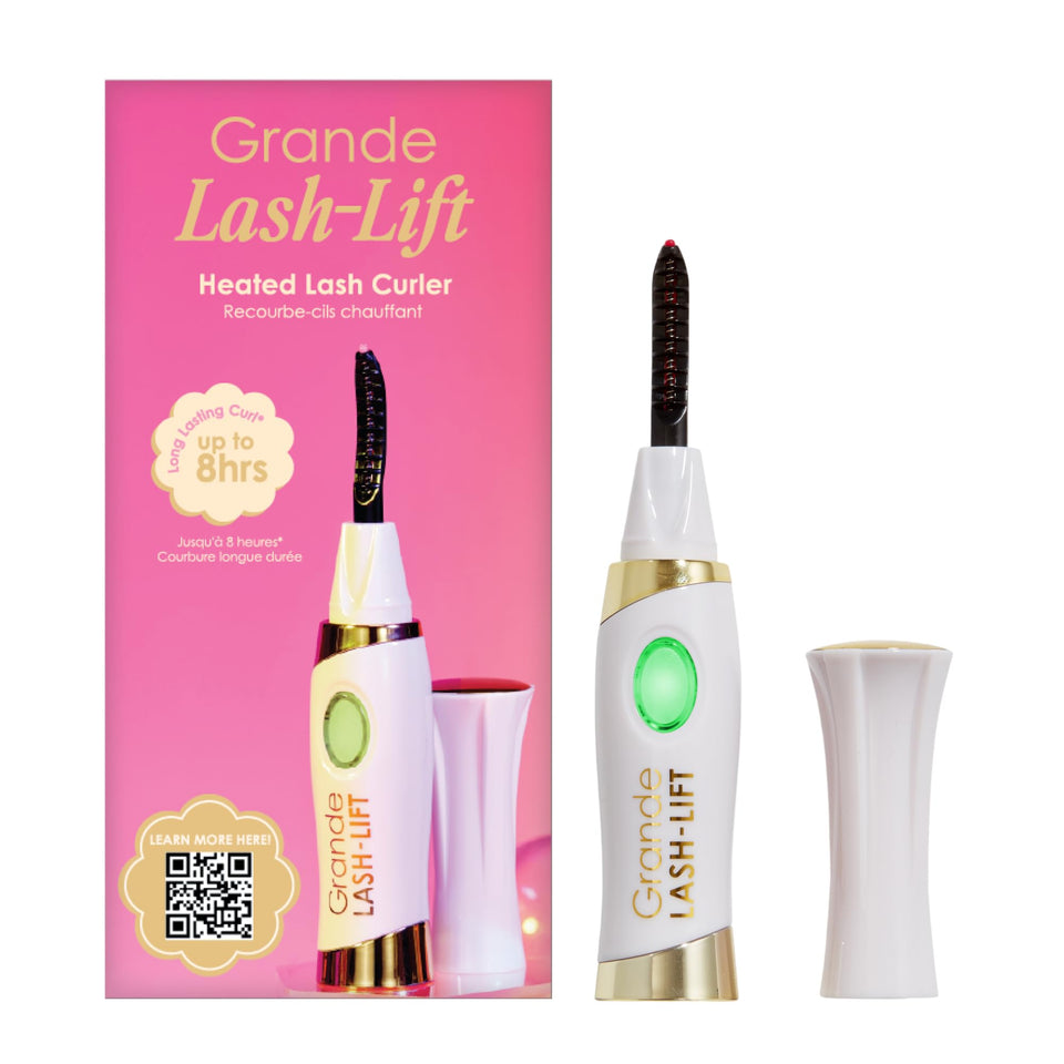 Grande Cosmetics front view of heated lash curler showing sleek white design and controls, travel-friendly benefit