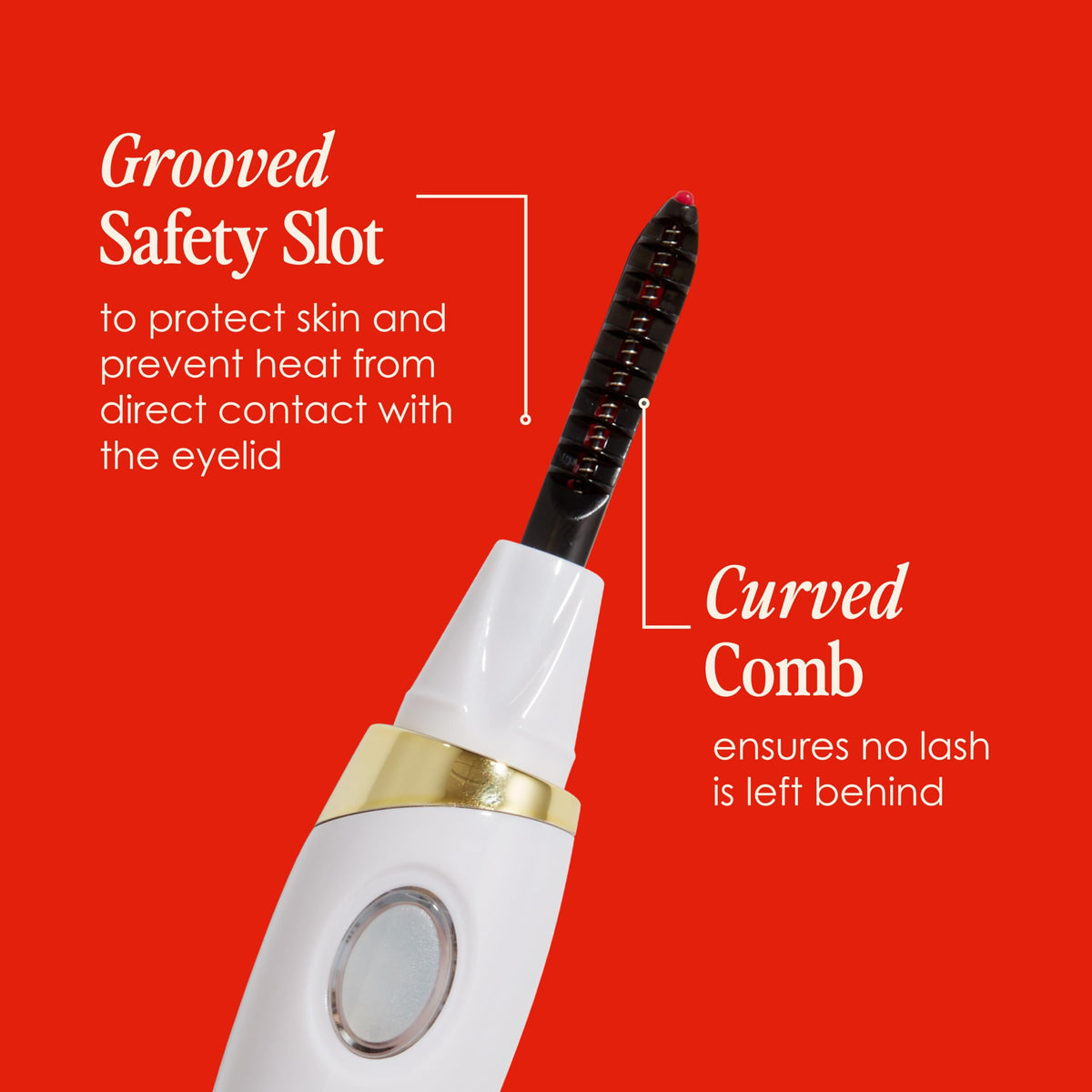 Grande Cosmetics product packaging and label highlighting dimensions and rechargeable feature for easy travel benefit