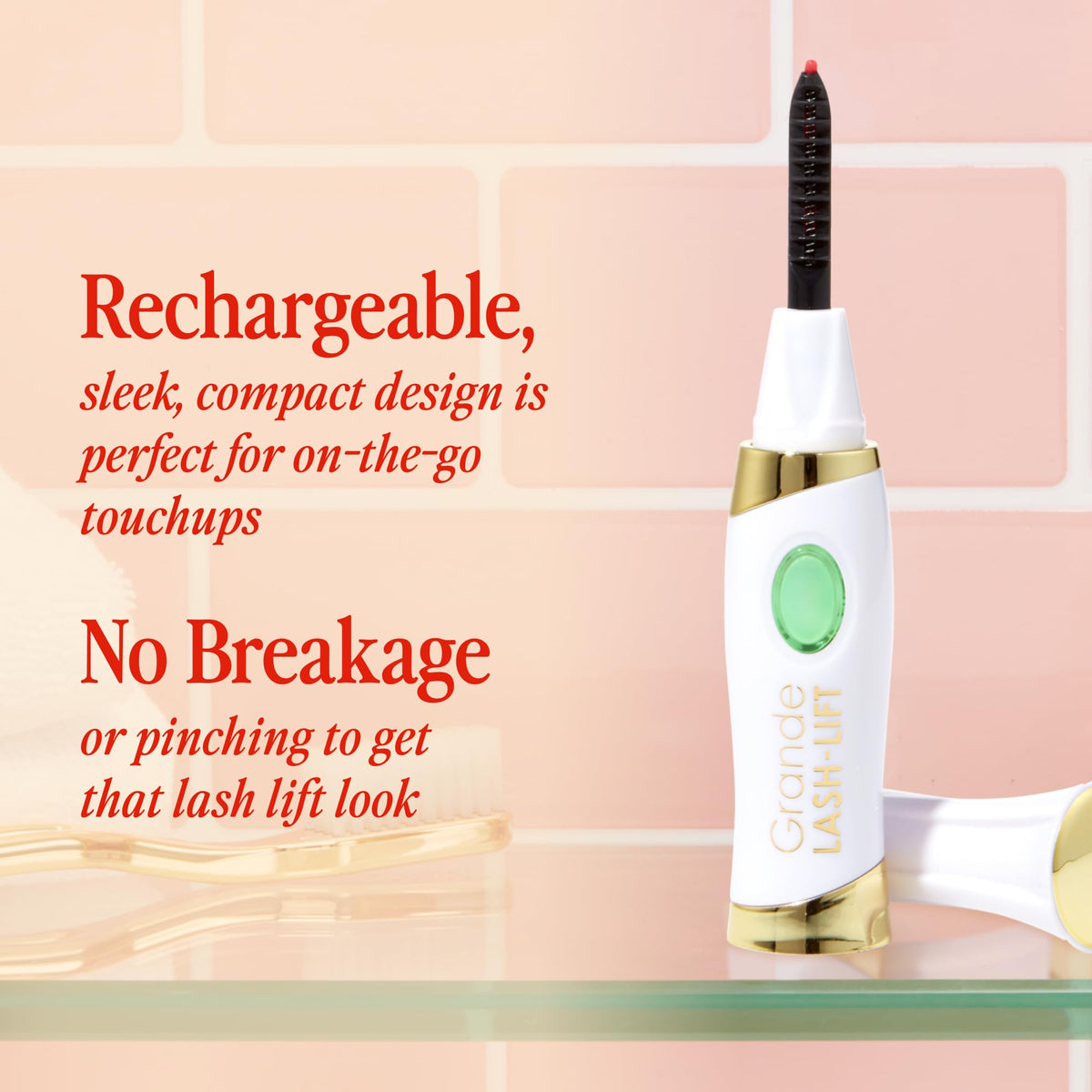 Grande Cosmetics curler shown applying over mascara to illustrate faster curl setting for longer-lasting lift benefit