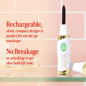 Grande Cosmetics curler shown applying over mascara to illustrate faster curl setting for longer-lasting lift benefit