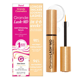 Grande Cosmetics GrandeLASH‑MD front tube showing branding and compact size benefits