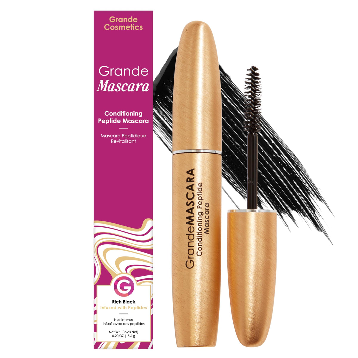 Grande Cosmetics mascara front packaging shows product and benefits