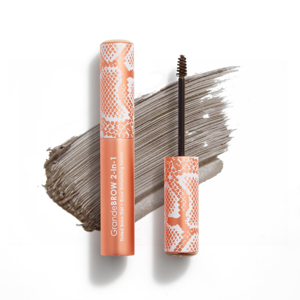 Grande Cosmetics front tube in Taupe showing product branding and compact size benefit