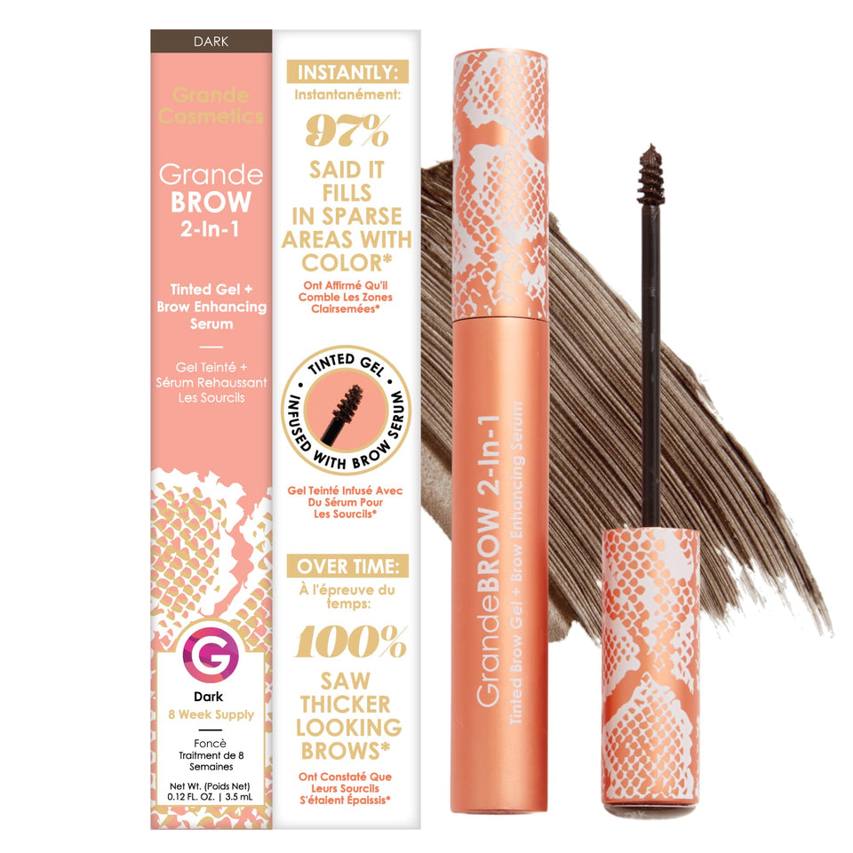 Grande Cosmetics front packaging of GrandeBROW showing shade and tube for easy selection