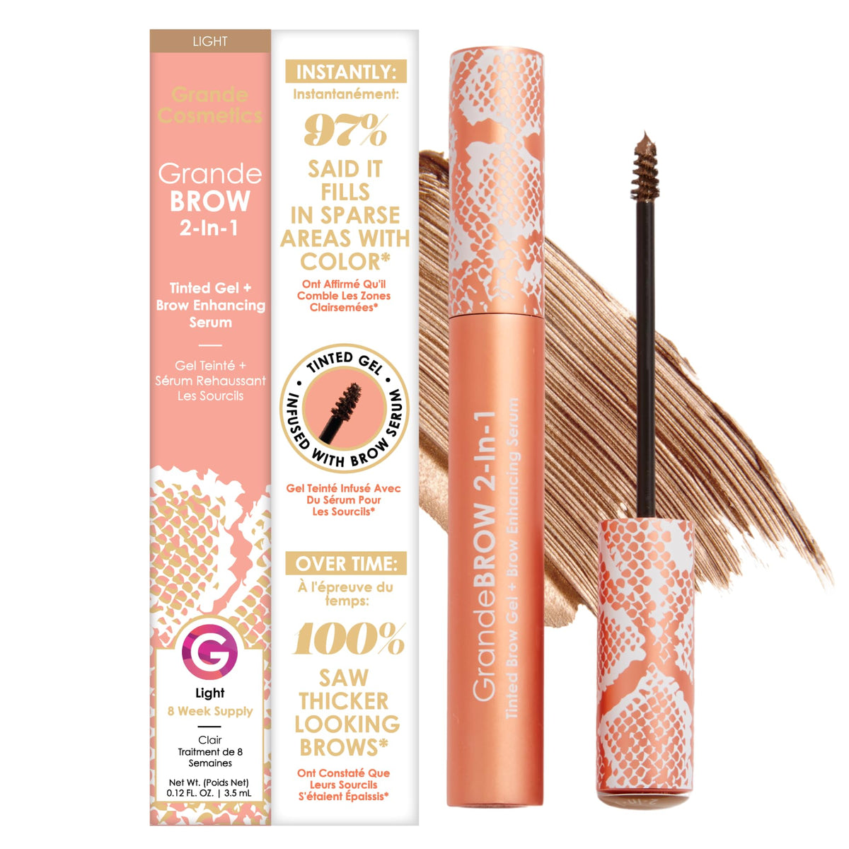 Grande Cosmetics GrandeBROW front tube showing label and shade for easy selection