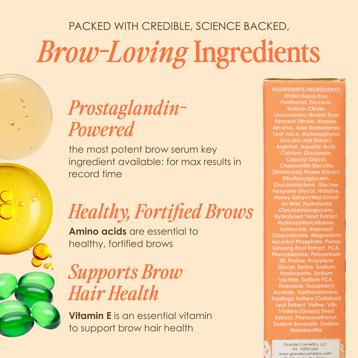 Grande Cosmetics GrandeBROW label ingredient list emphasizing vitamins