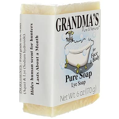 Grandma's Pure soap on bathroom shelf showing neat storage and longevity