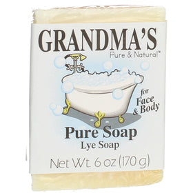 Grandma's Pure lye soap front packaging showing unscented benefits