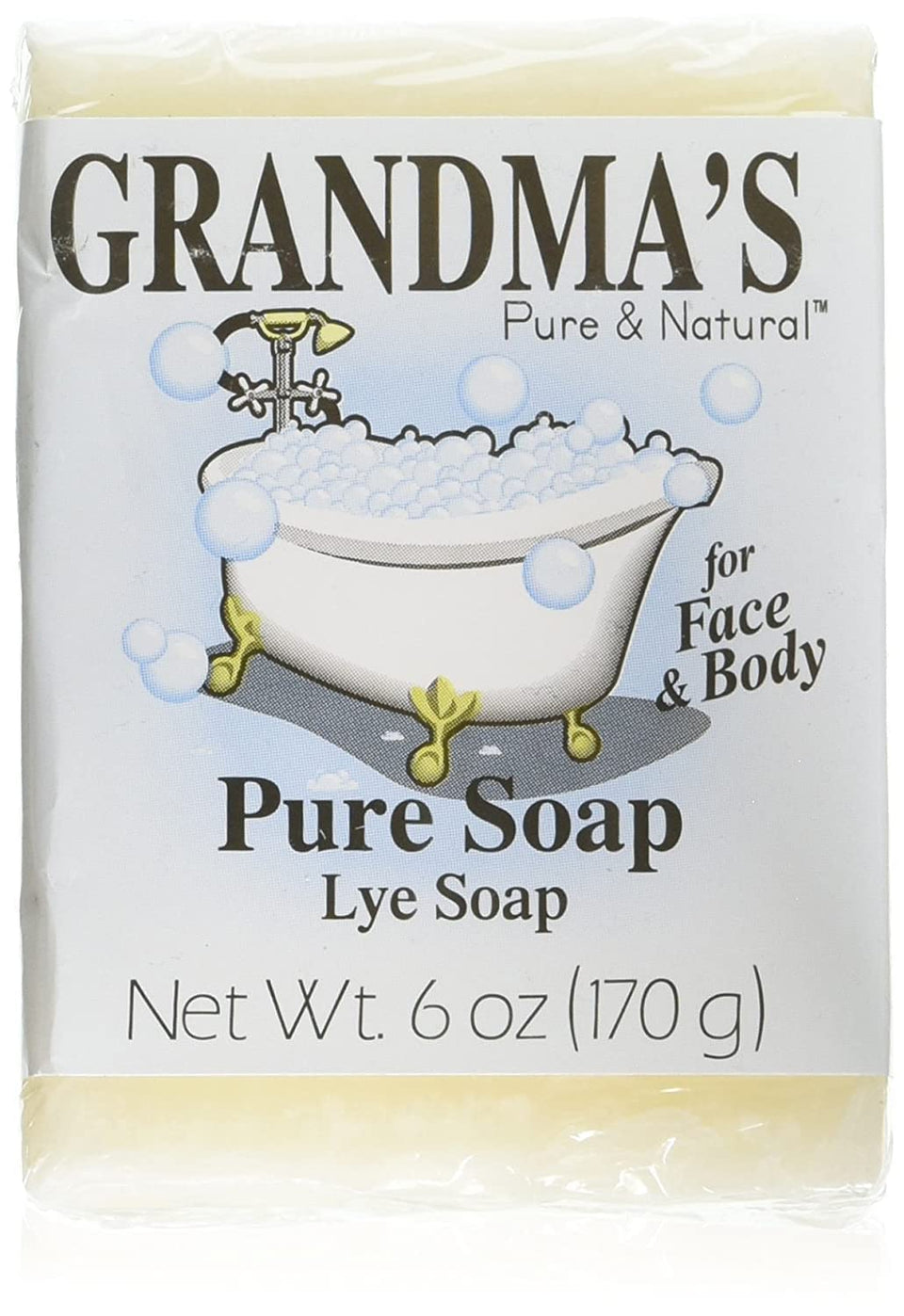 Grandma's Pure & Natural front packaging showing four unscented soap bars and benefit of simple cleansing