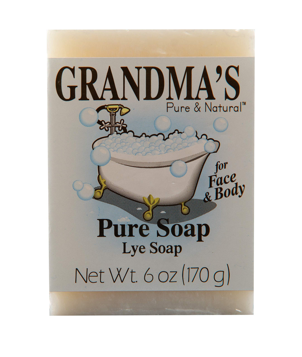 Grandma's Pure front packaging showing unscented 6 oz bar and ingredient clarity benefit