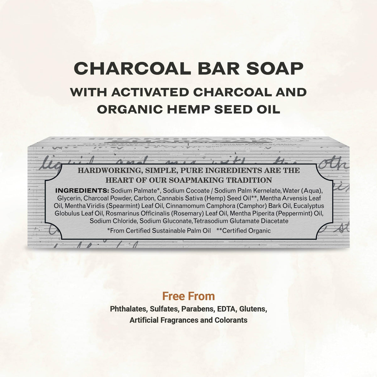 Grandpa Soap Company charcoal bar close-up texture showing gentle exfoliation