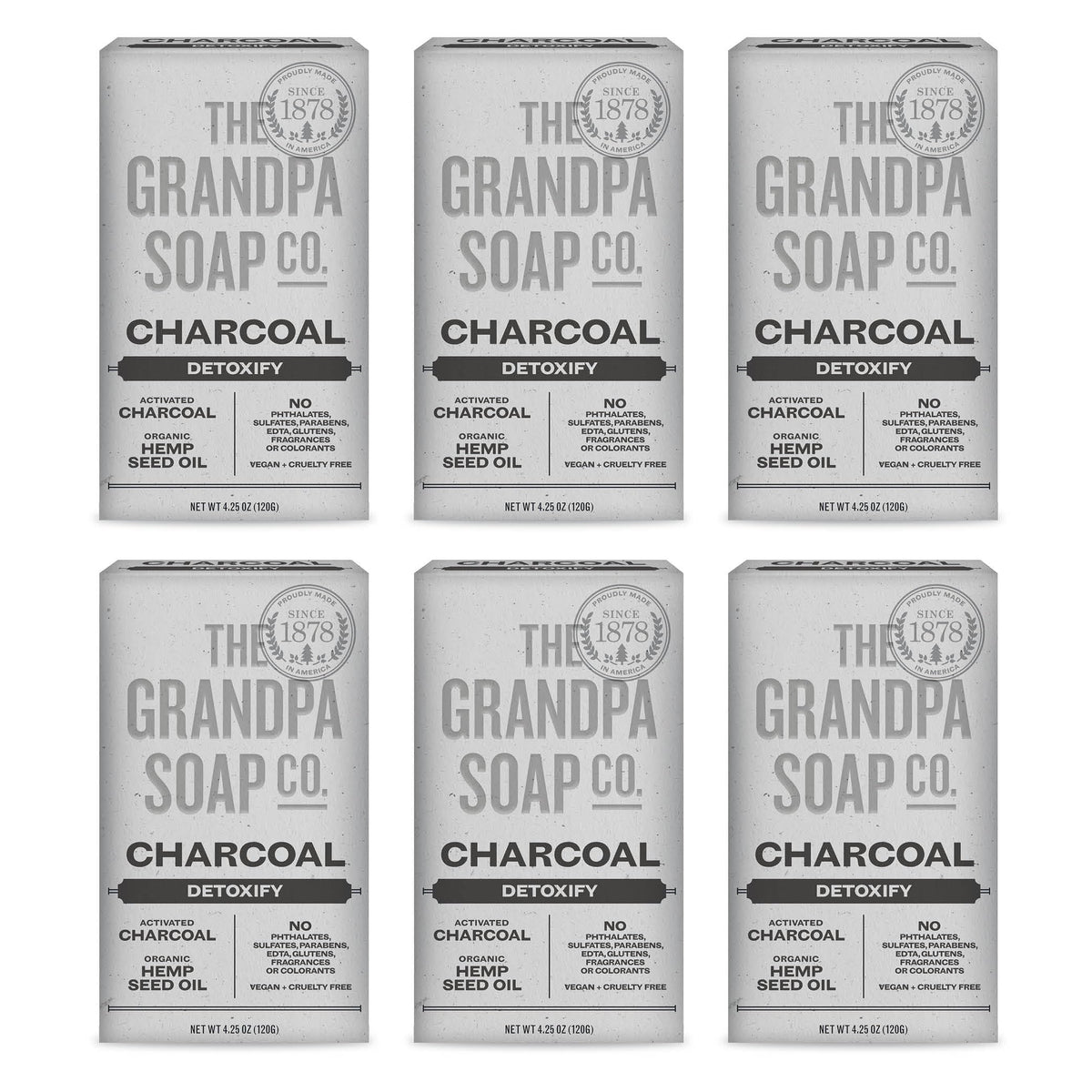 Grandpa Soap Company front packaging showing six charcoal bars and benefits