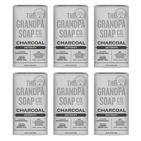 Grandpa Soap Company front packaging showing six charcoal bars and benefits