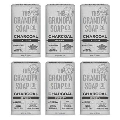 Grandpa Soap Company front packaging showing six charcoal bars and benefits