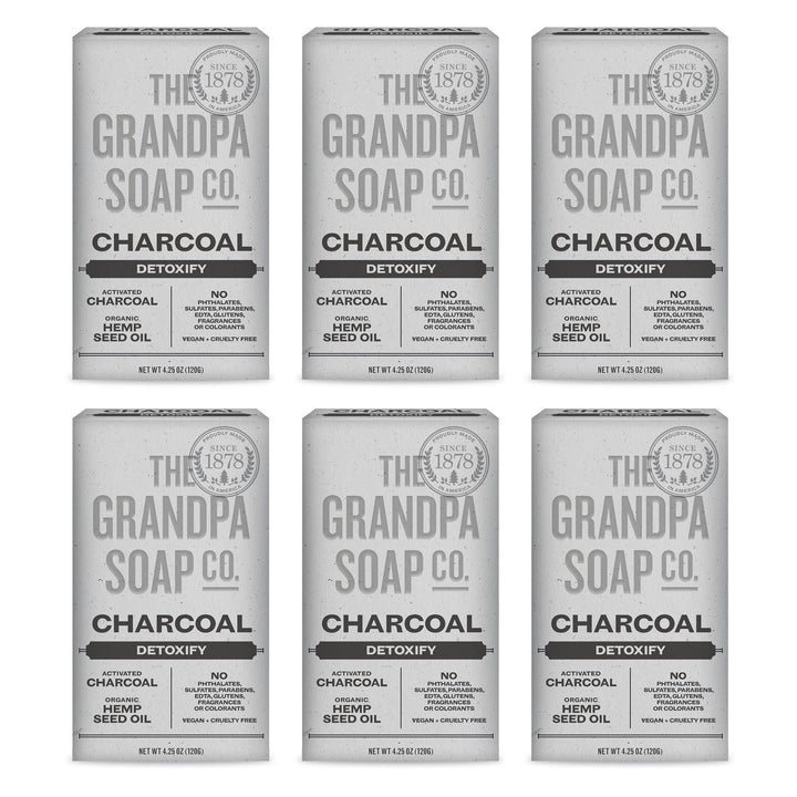 Grandpa Soap Company front packaging showing six charcoal bars and benefits