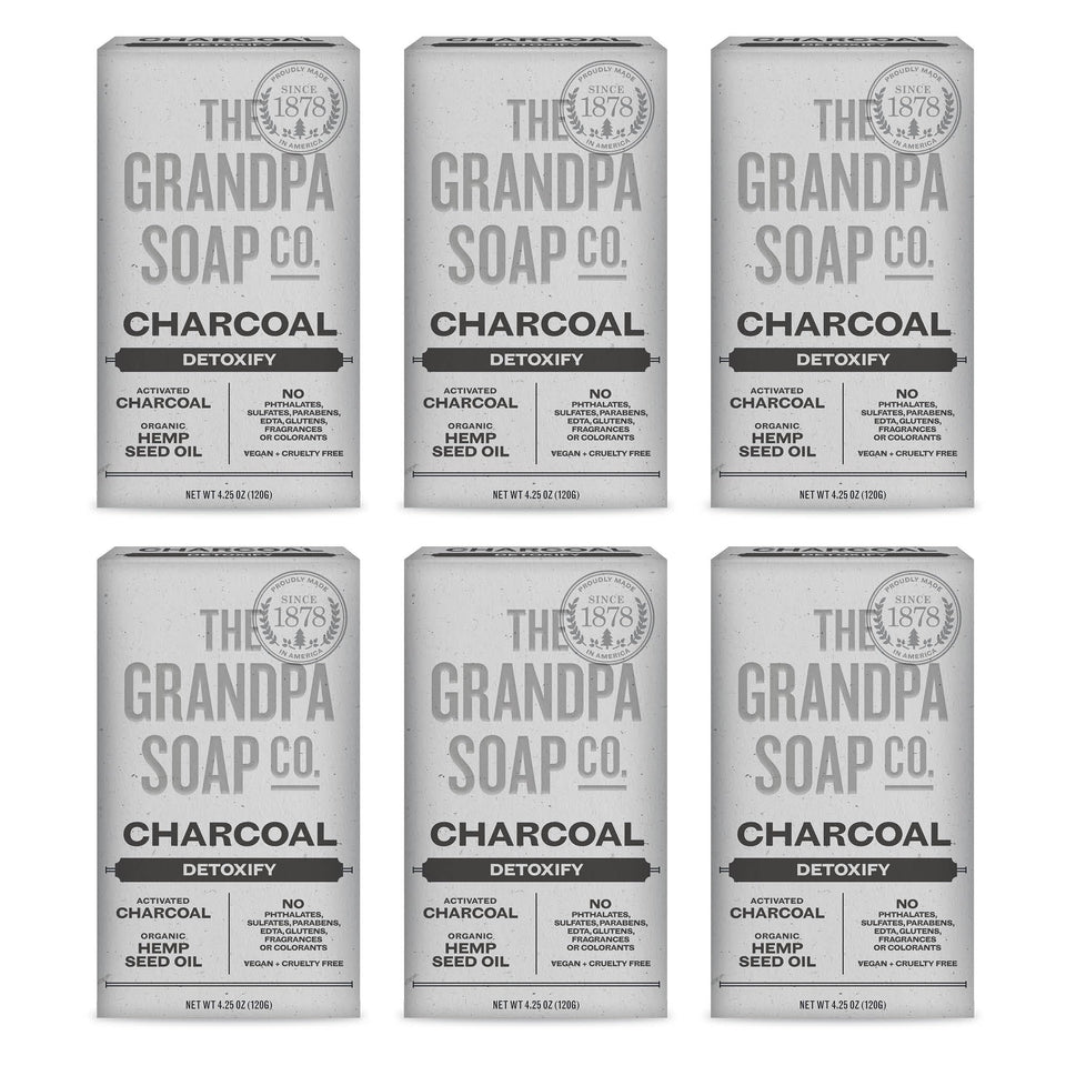 Grandpa Soap Company front packaging showing six charcoal bars and benefits