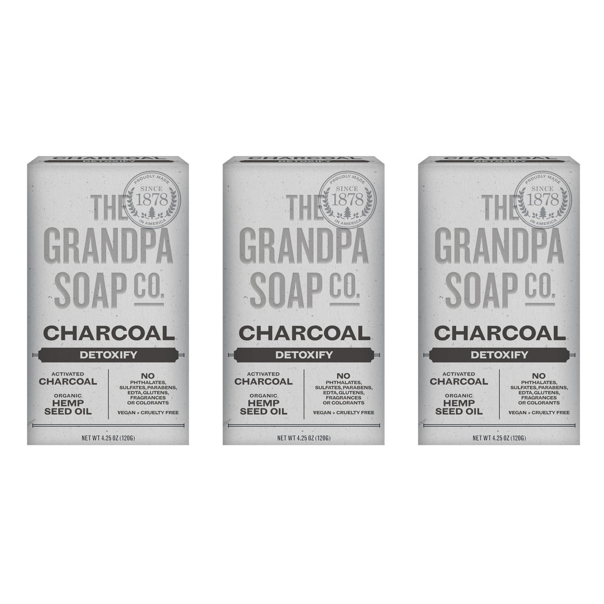 The Grandpa Soap Company front packaging showing three charcoal bars and clear labeling benefits