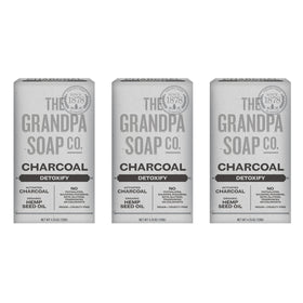 The Grandpa Soap Company front packaging showing three charcoal bars and clear labeling benefits