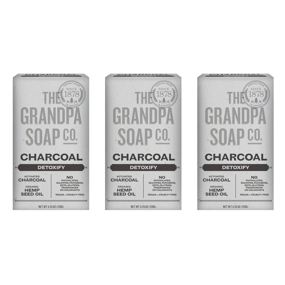 The Grandpa Soap Company front packaging showing three charcoal bars and clear labeling benefits