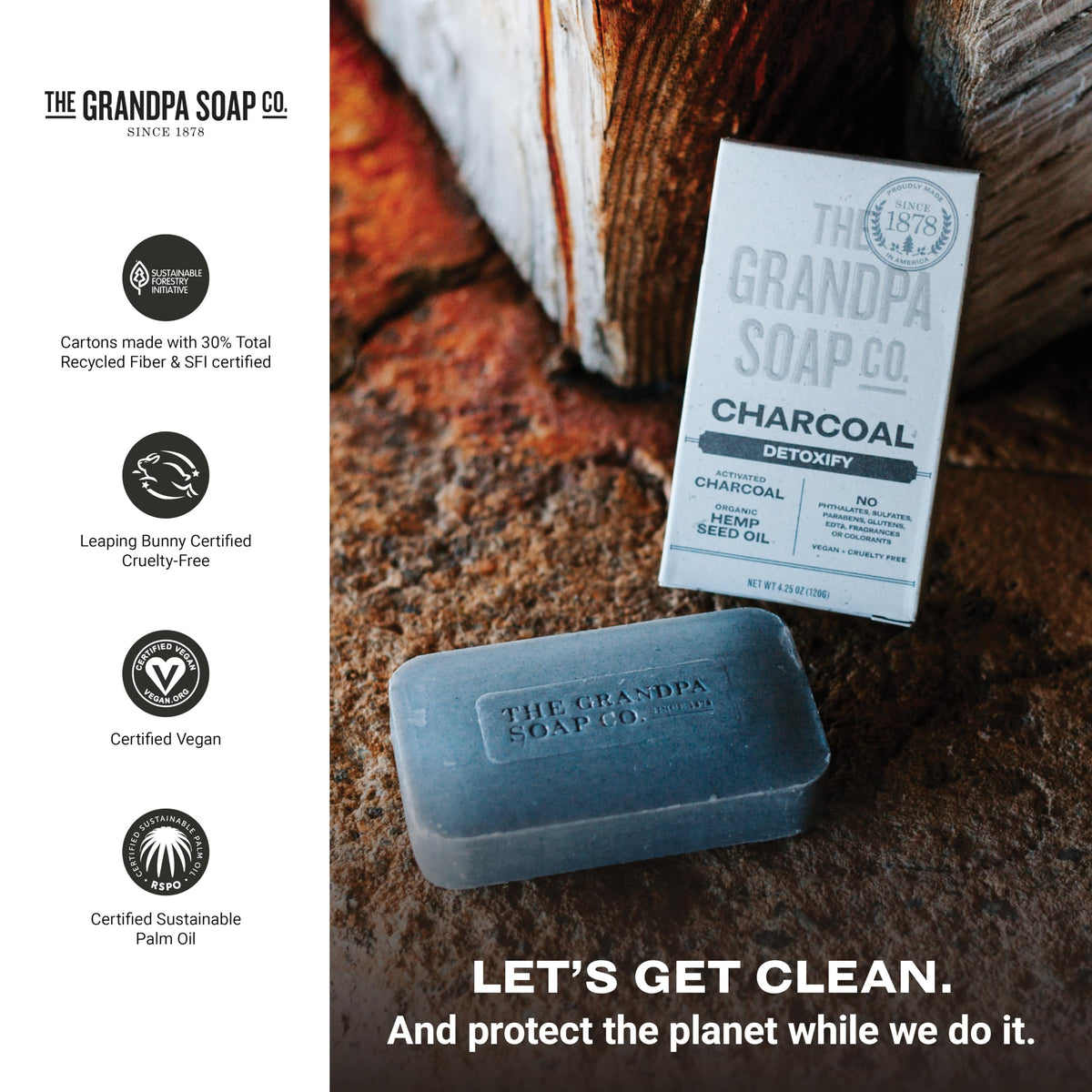 Charcoal bar held in hand for scale showing 4.25 oz bar size and travel-friendly benefit