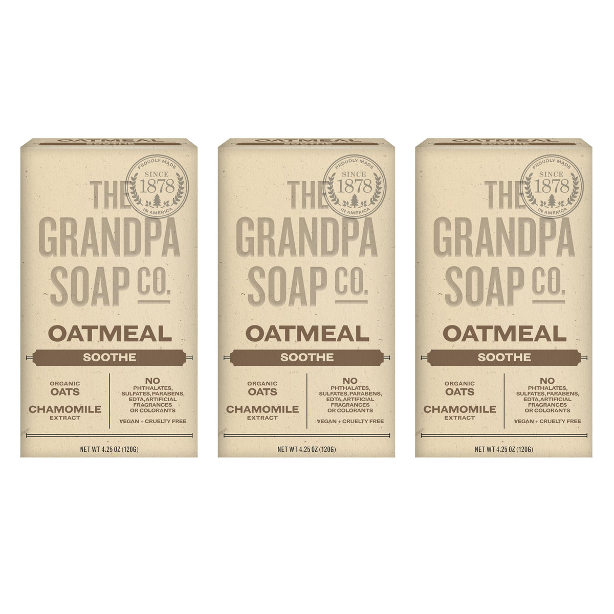 Grandpa Soap Company front packaging showing natural oat soap and benefits