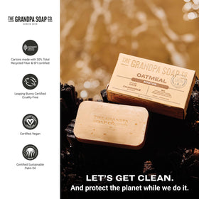Grandpa Soap Company bar in hand for scale showing 4.25 oz size