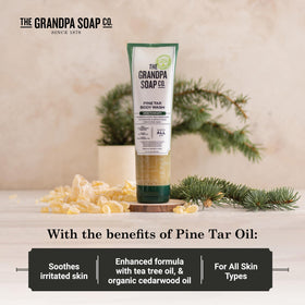 Dispensing Grandpa Soap Company pine tar body wash on hand for easy application