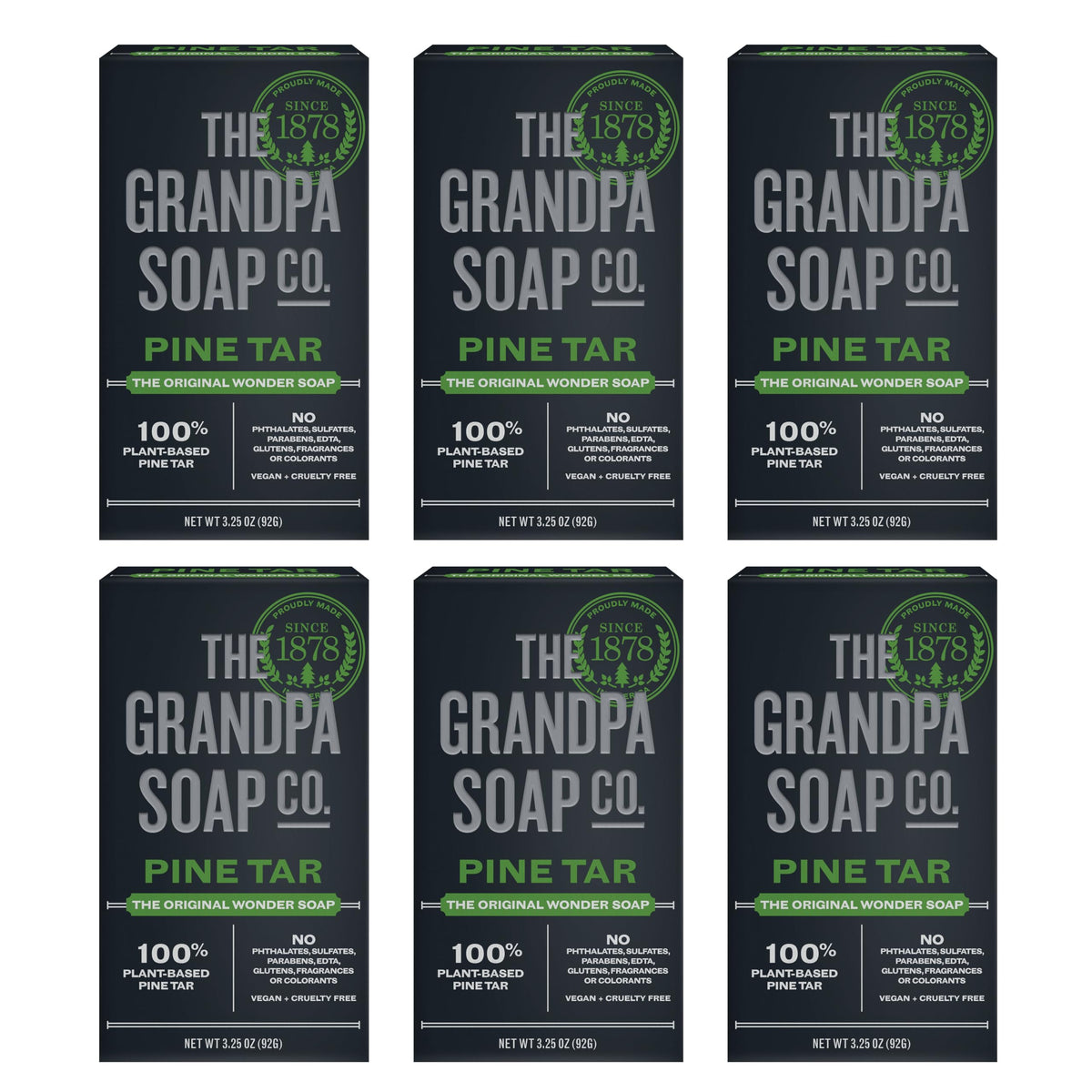 Grandpa Soap Company front packaging showing six pine tar bars, clear sizing benefit
