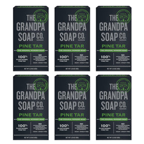 Grandpa Soap Company front packaging showing six pine tar bars, clear sizing benefit