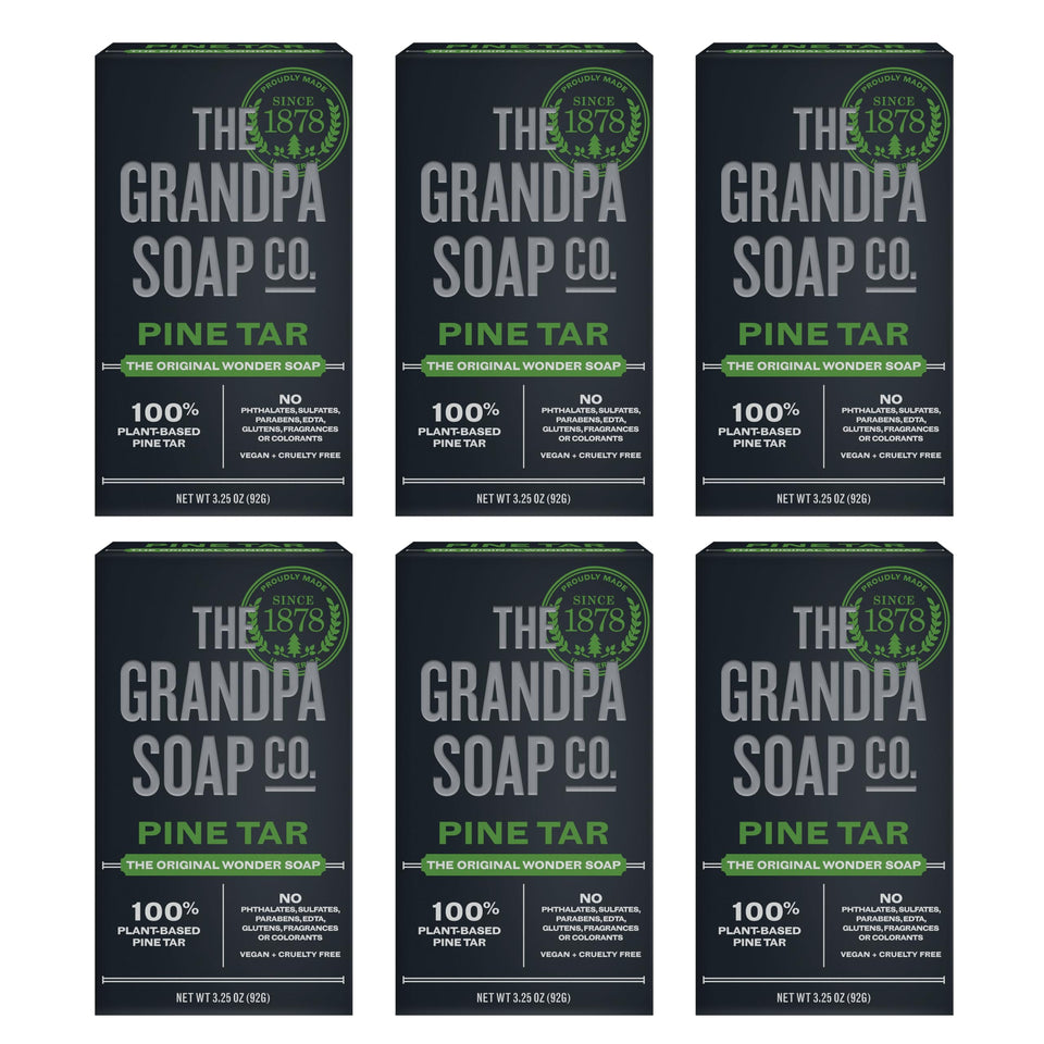 Grandpa Soap Company front packaging showing six pine tar bars, clear sizing benefit